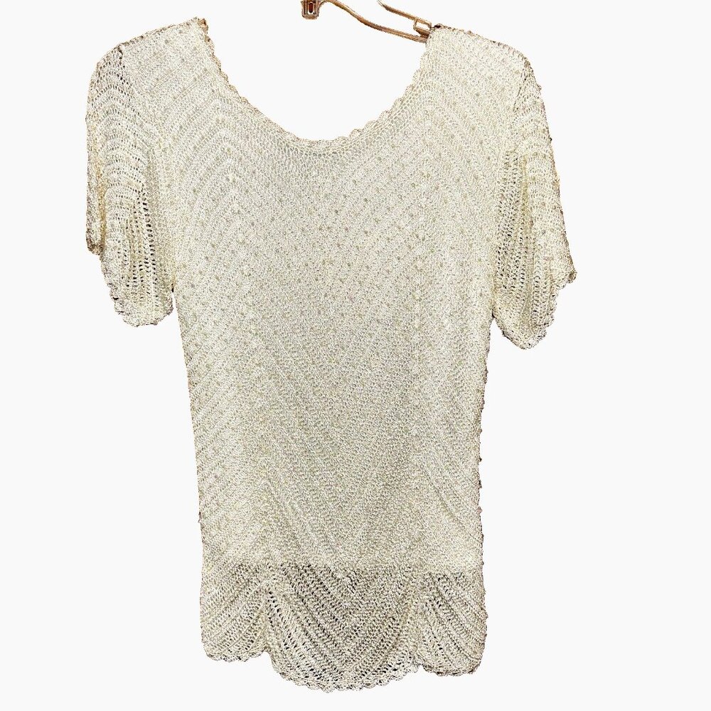 Sophie Chang Beaded Crochet Blouse M Ivory Rayon Iridescent Vintage Glam Top